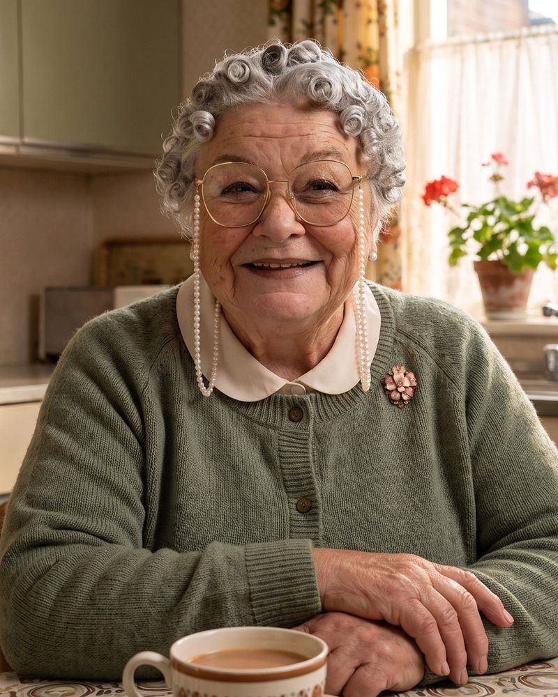 Peggy smiling at her kitchen table with a cup of tea